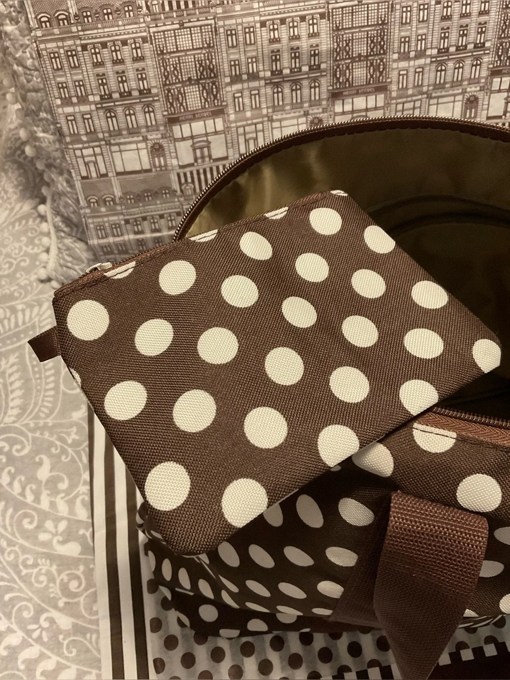 Brown Travel Tote with White Polka Dots